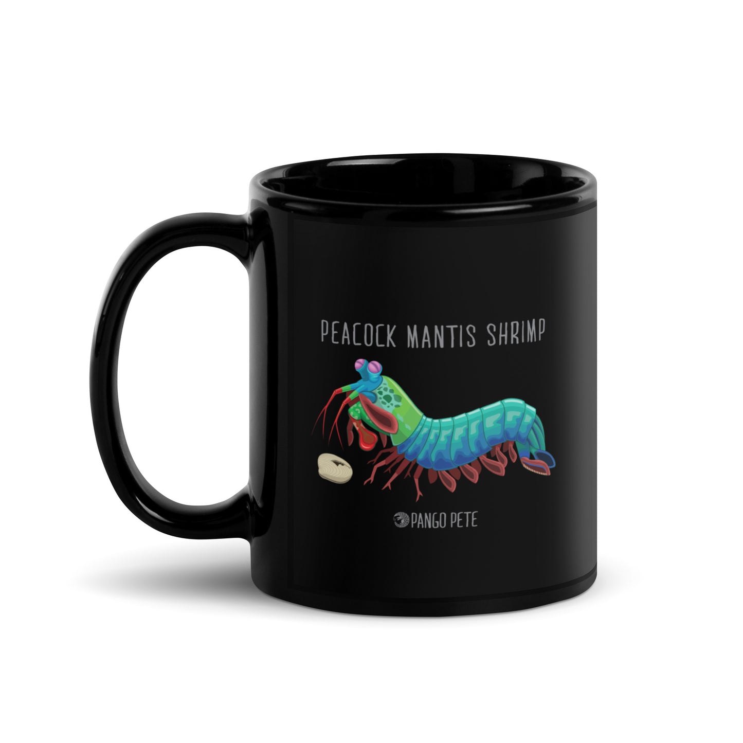 Peacock Mantis Shrimp Mug — Black, 11 oz.