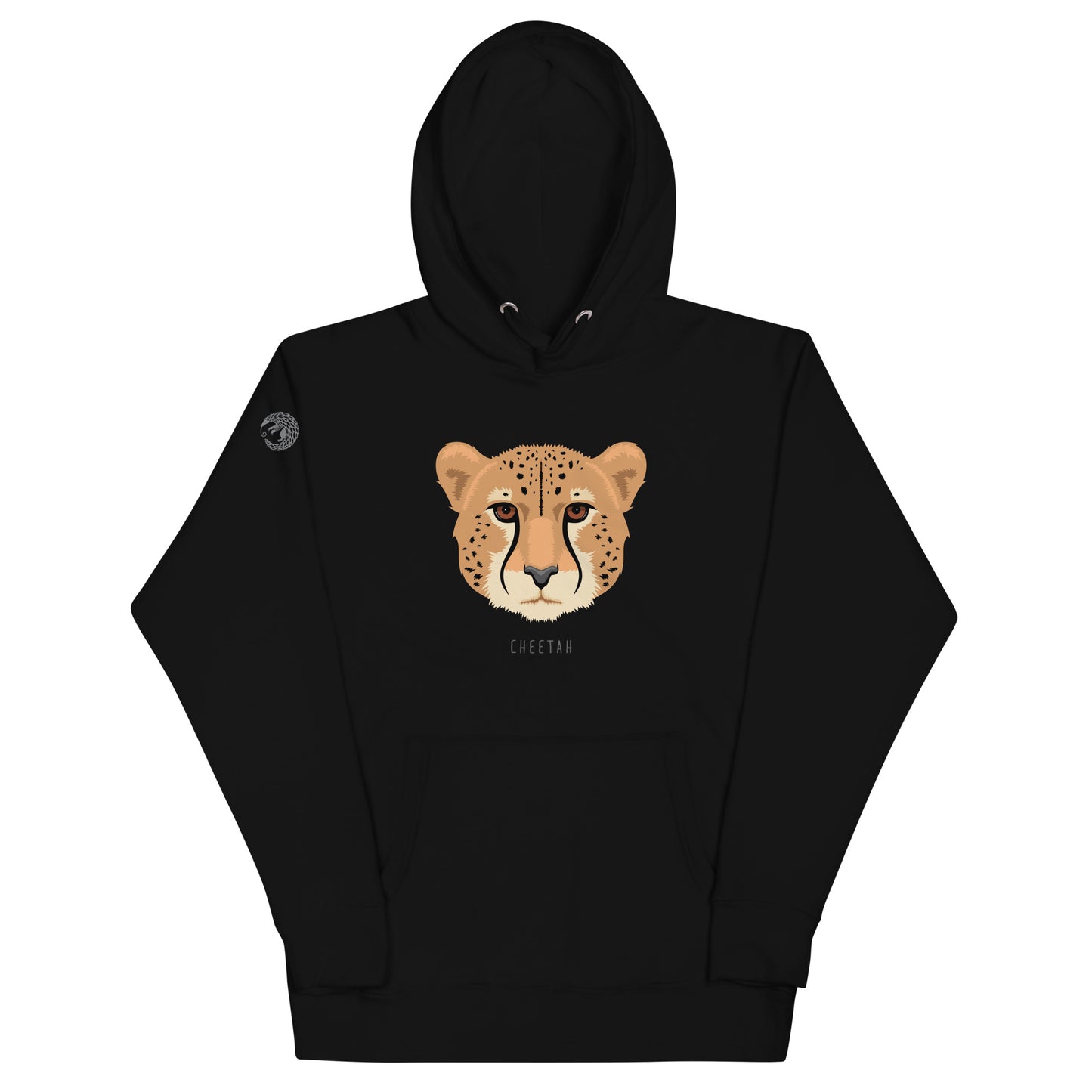 A black, hooded, pullover sweatshirt with an illustration of a cheetah's face and thew world "cheetah" beneath it. 