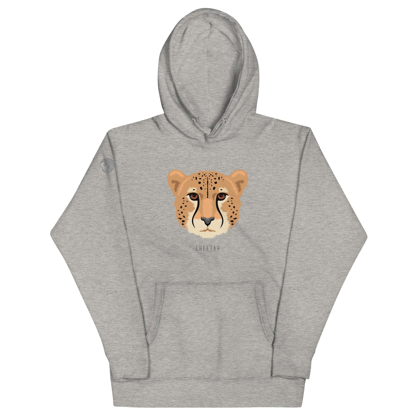 A light gray, hooded, pullover sweatshirt with an illustration of a cheetah's face and thew world "cheetah" beneath it. 