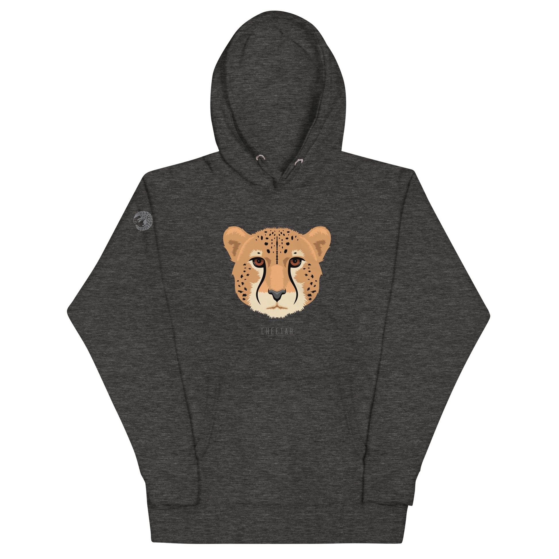 A grey heather, hooded, pullover sweatshirt with an illustration of a cheetah's face and thew world "cheetah" beneath it. 