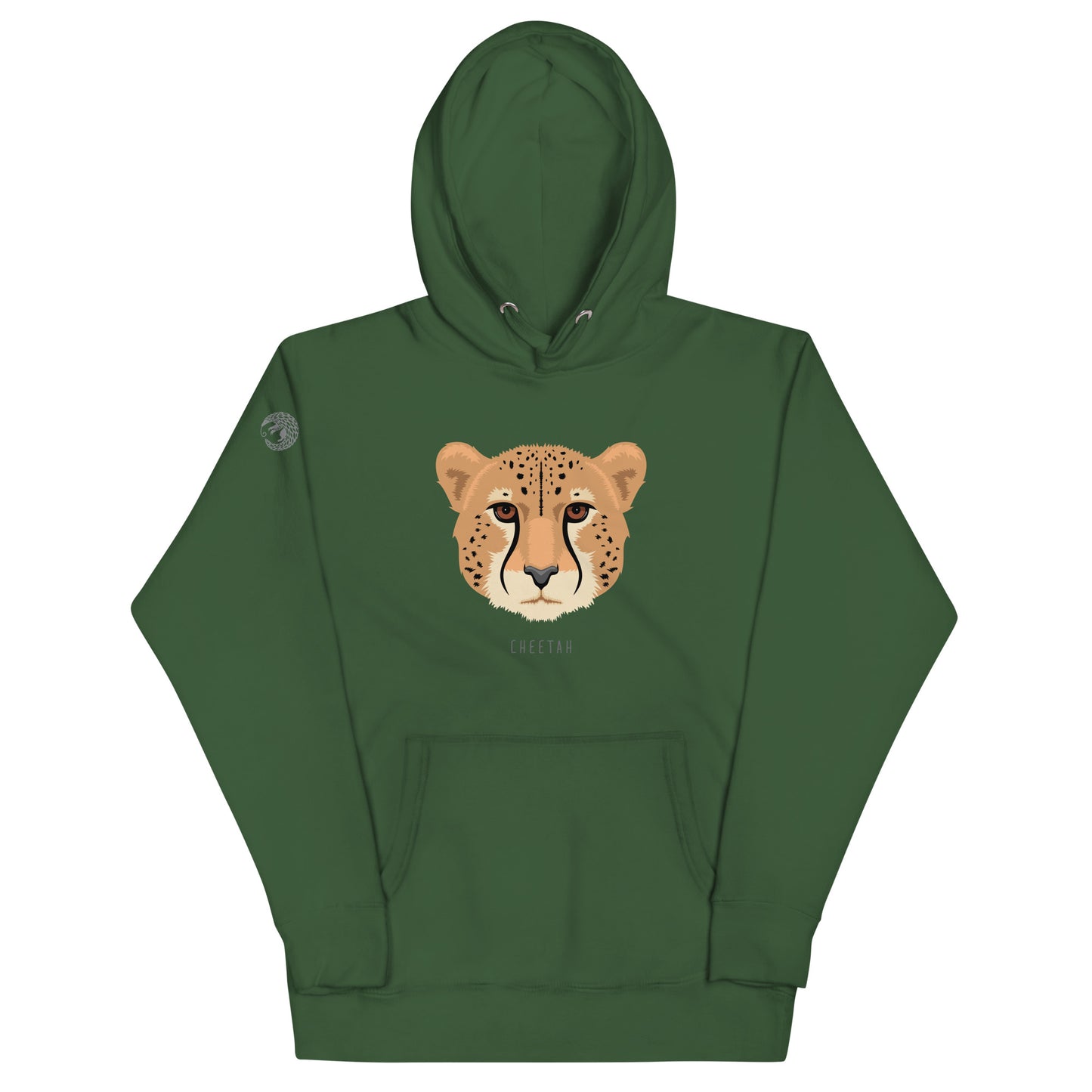 A green, hooded, pullover sweatshirt with an illustration of a cheetah's face and thew world "cheetah" beneath it. 