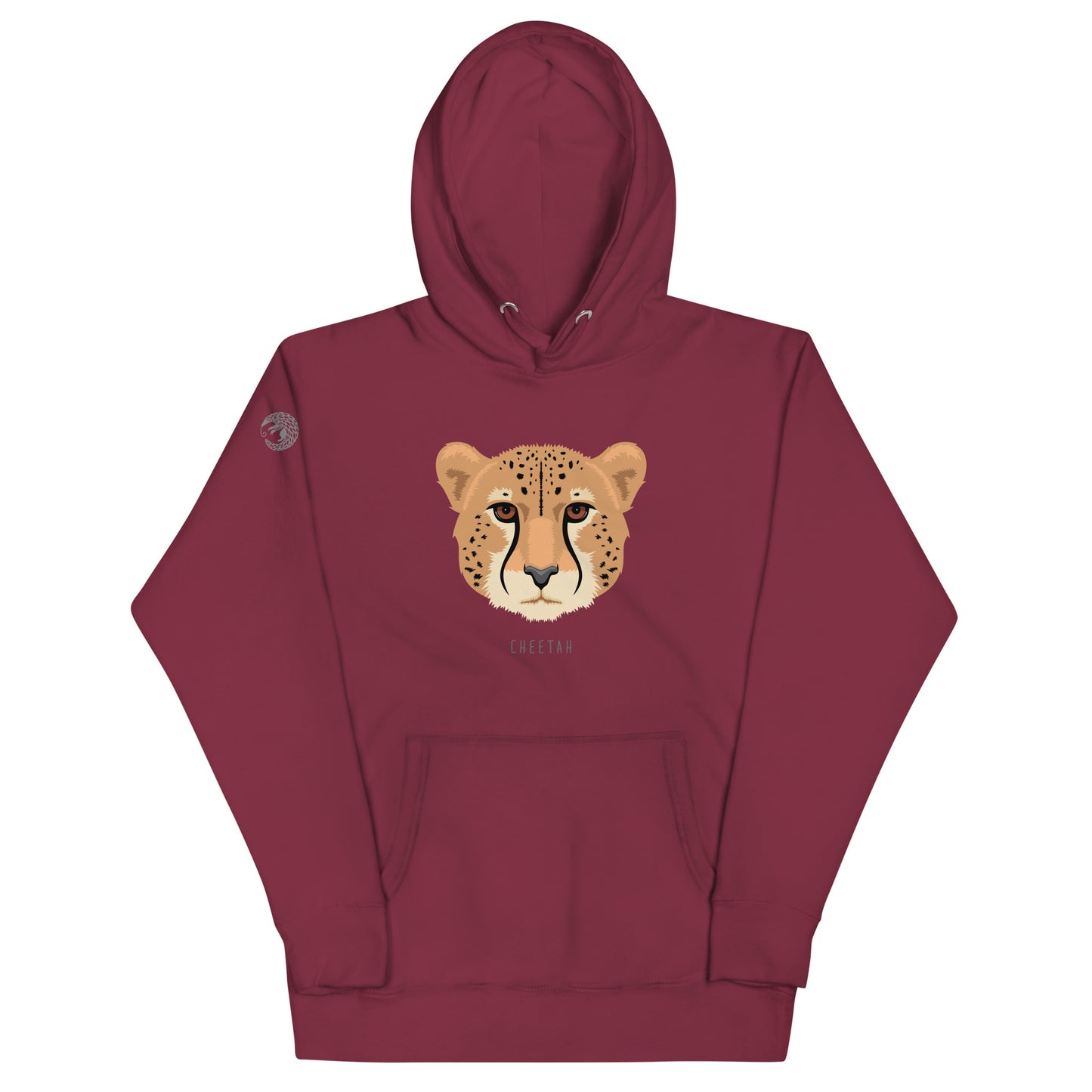A maroon, hooded, pullover sweatshirt with an illustration of a cheetah's face and thew world "cheetah" beneath it. 