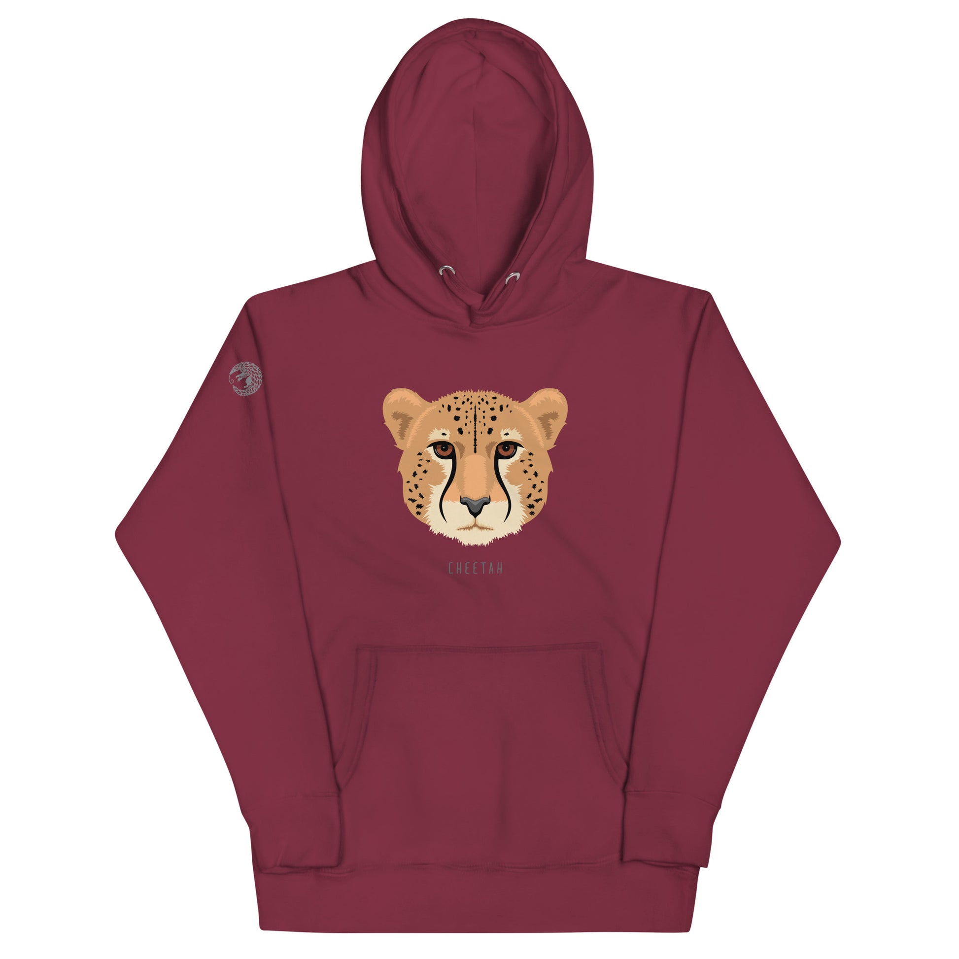 A maroon, hooded, pullover sweatshirt with an illustration of a cheetah's face and thew world "cheetah" beneath it. 