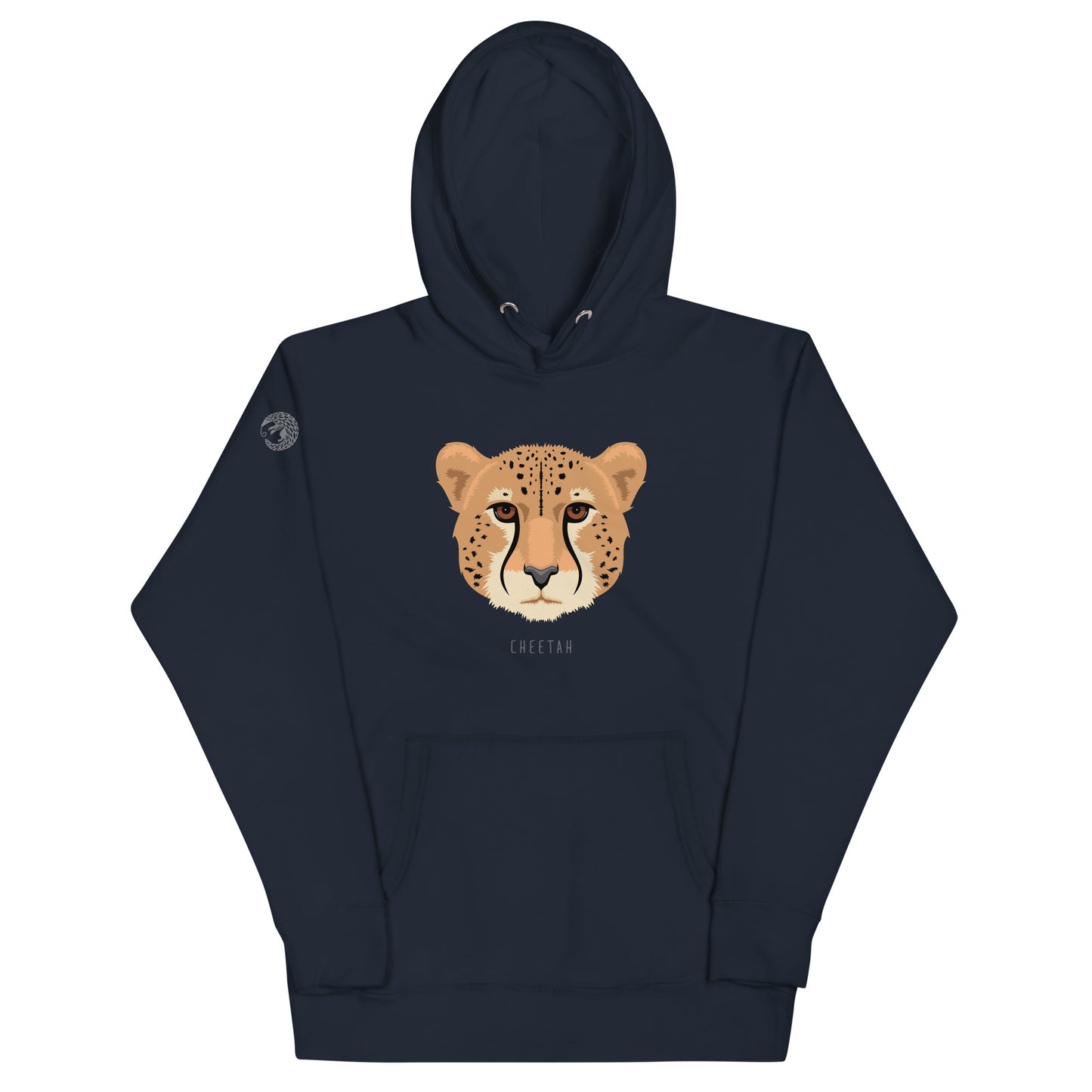 A navy blue, hooded, pullover sweatshirt with an illustration of a cheetah's face and thew world "cheetah" beneath it. 