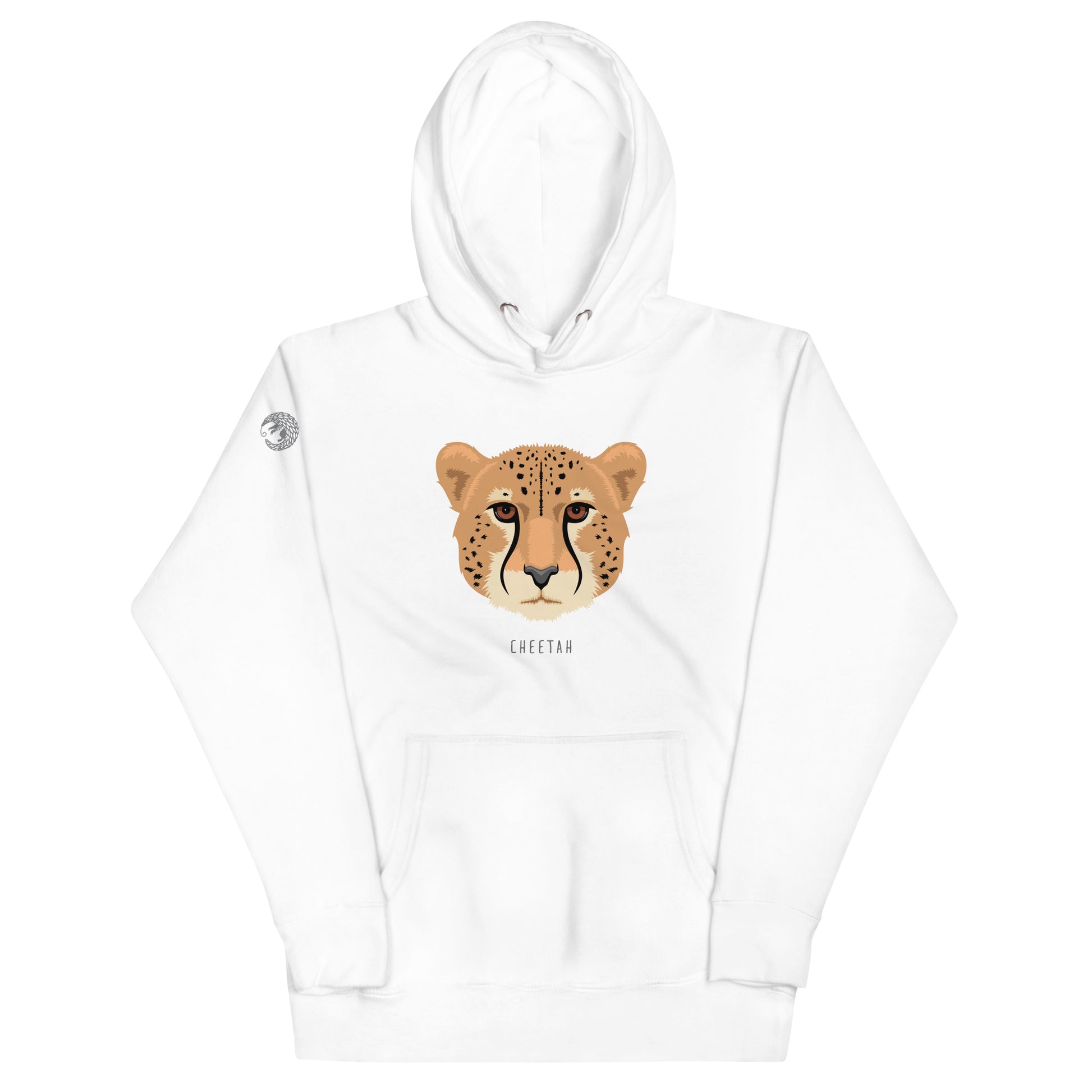 A white, hooded, pullover sweatshirt with an illustration of a cheetah's face and thew world "cheetah" beneath it. 